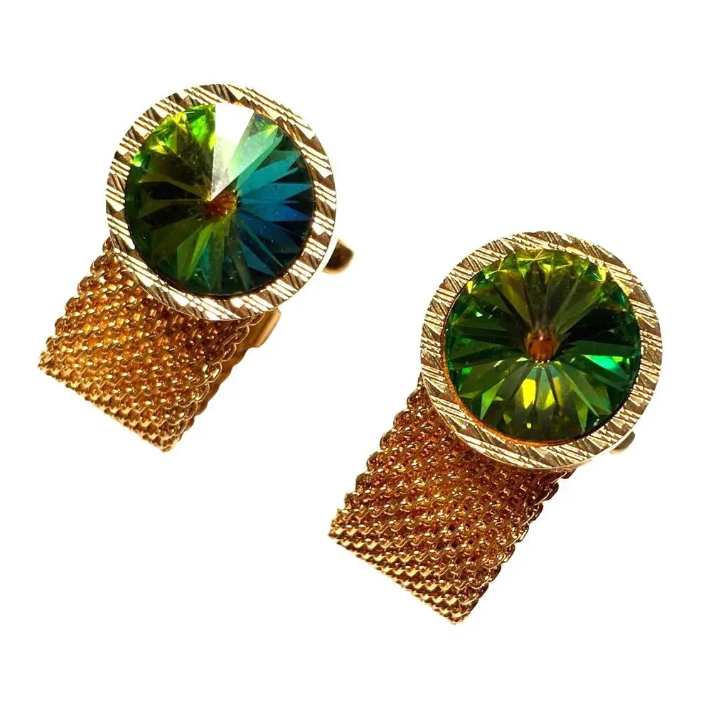 Gold wrap Cufflinks Rivoli style watermelon green & pink stones vintage 1970s